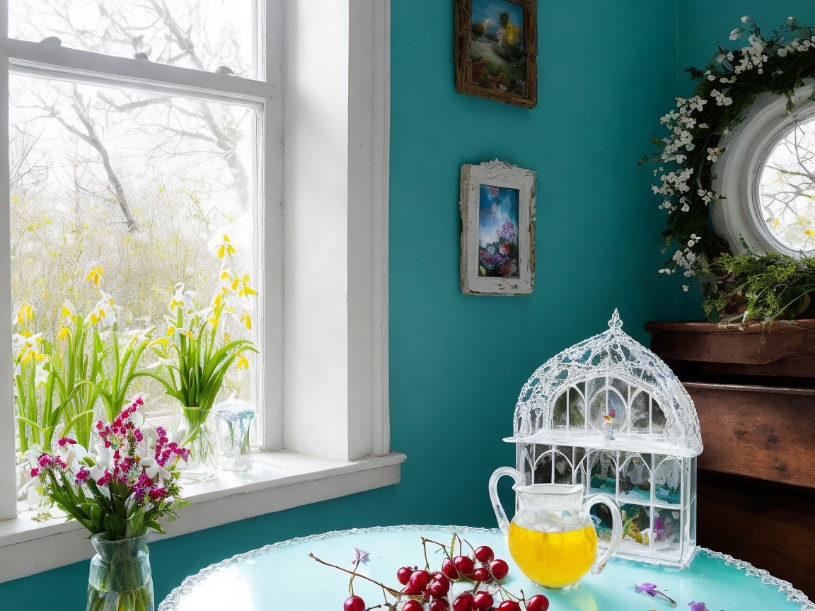 Turquoise Room with Glass Table and Garden View