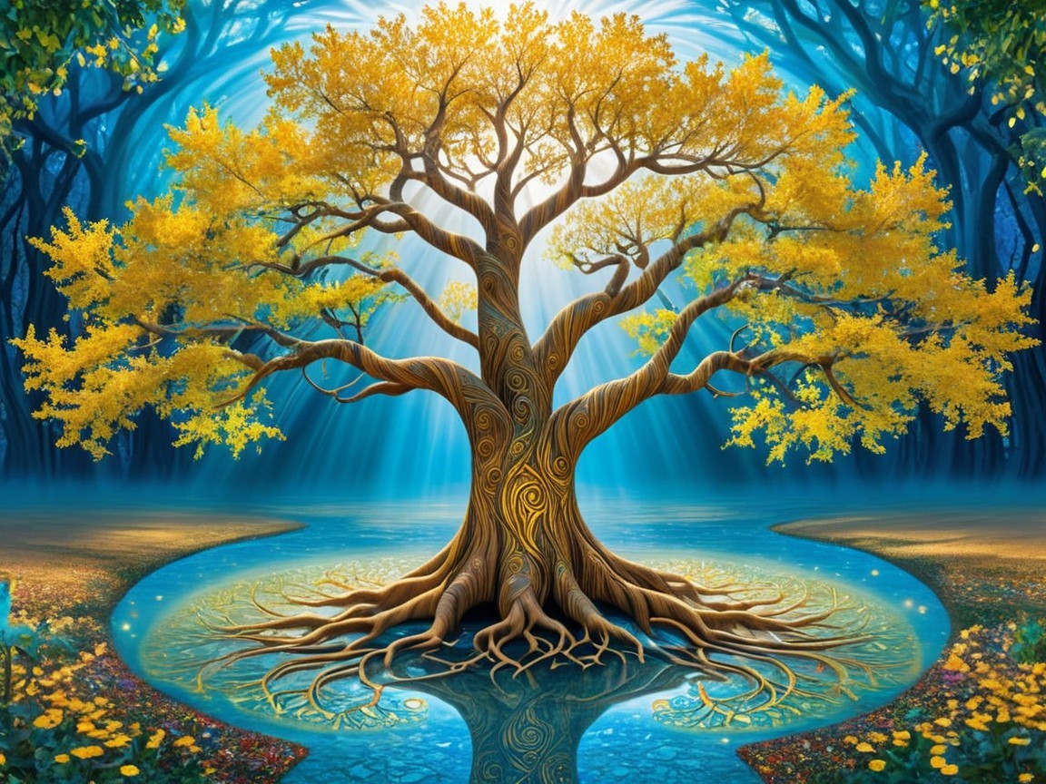 Majestic tree with yellow leaves by serene blue pool