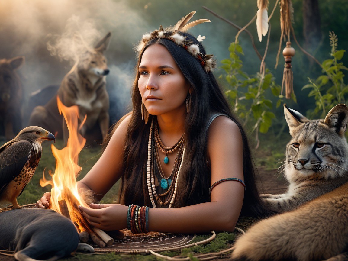 Forest Scene with Woman, Wildlife, and Fire