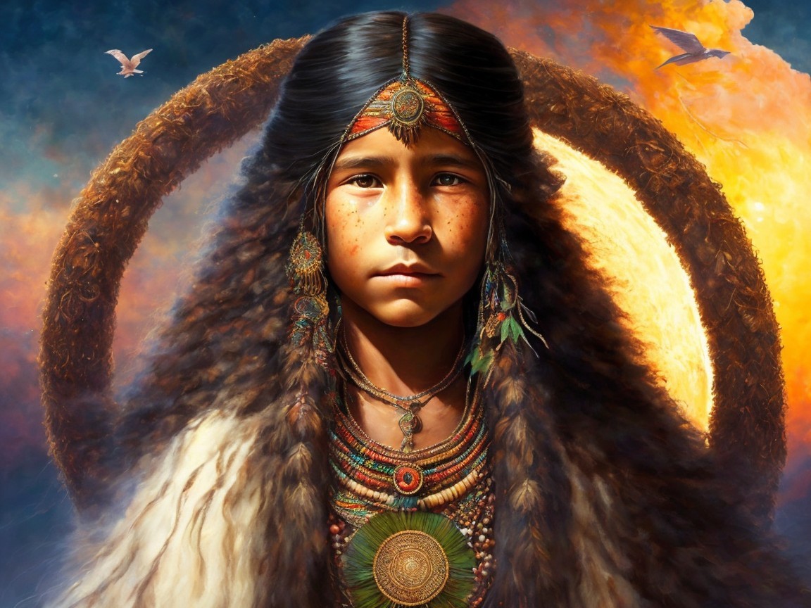Indigenous Youth in Traditional Attire Against Radiant Sun