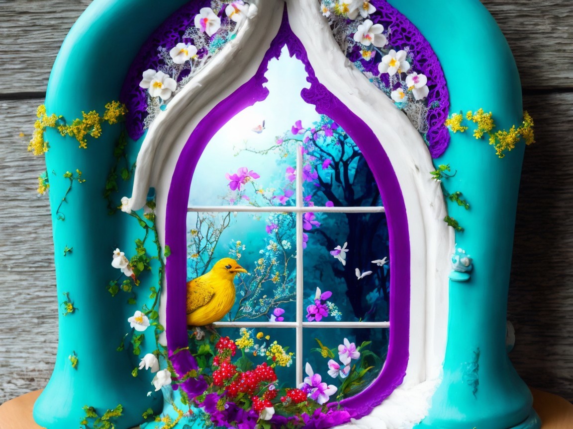 Vibrant Window Scene with Flowers and Landscape