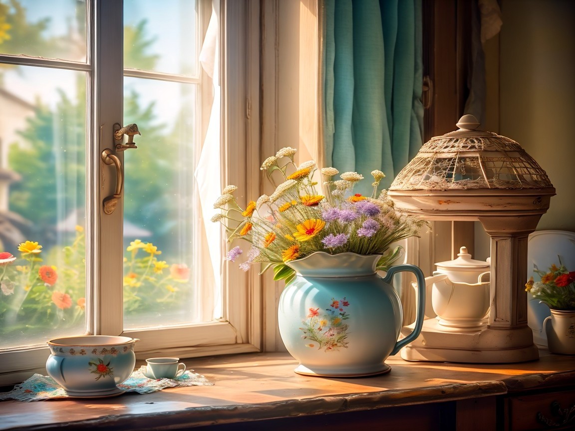 Sunny Kitchen with Floral Pitcher and Teacup Decor