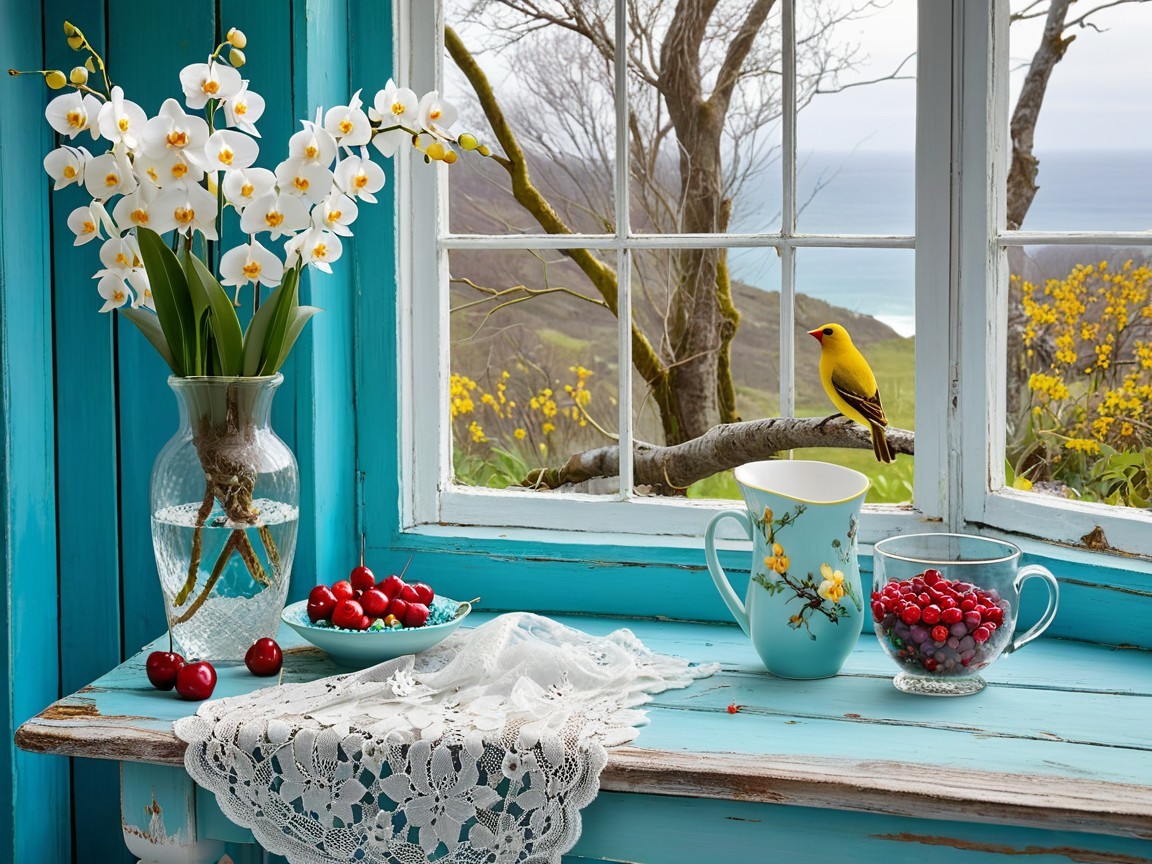 Vibrant Window Scene with Orchids and Scenic View