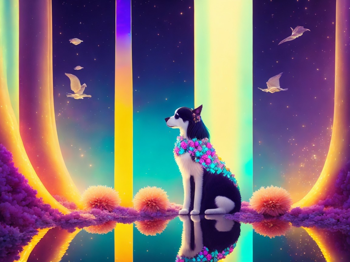 Majestic Dog in a Dreamlike Colorful Landscape