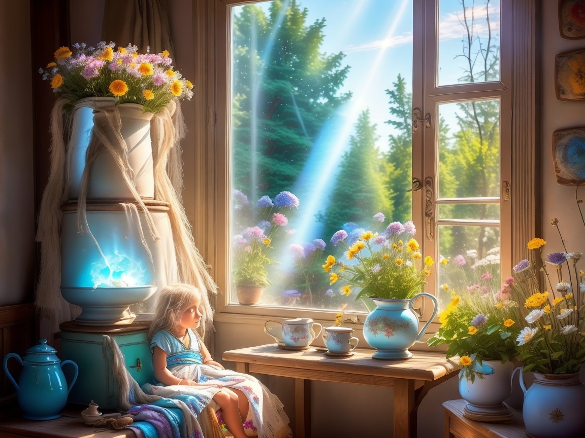 Sunlit Room with Young Girl and Vibrant Flowers