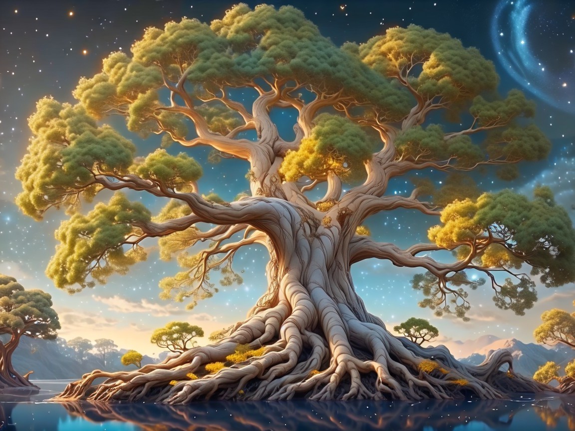 Majestic Tree in Serene Landscape with Starry Sky
