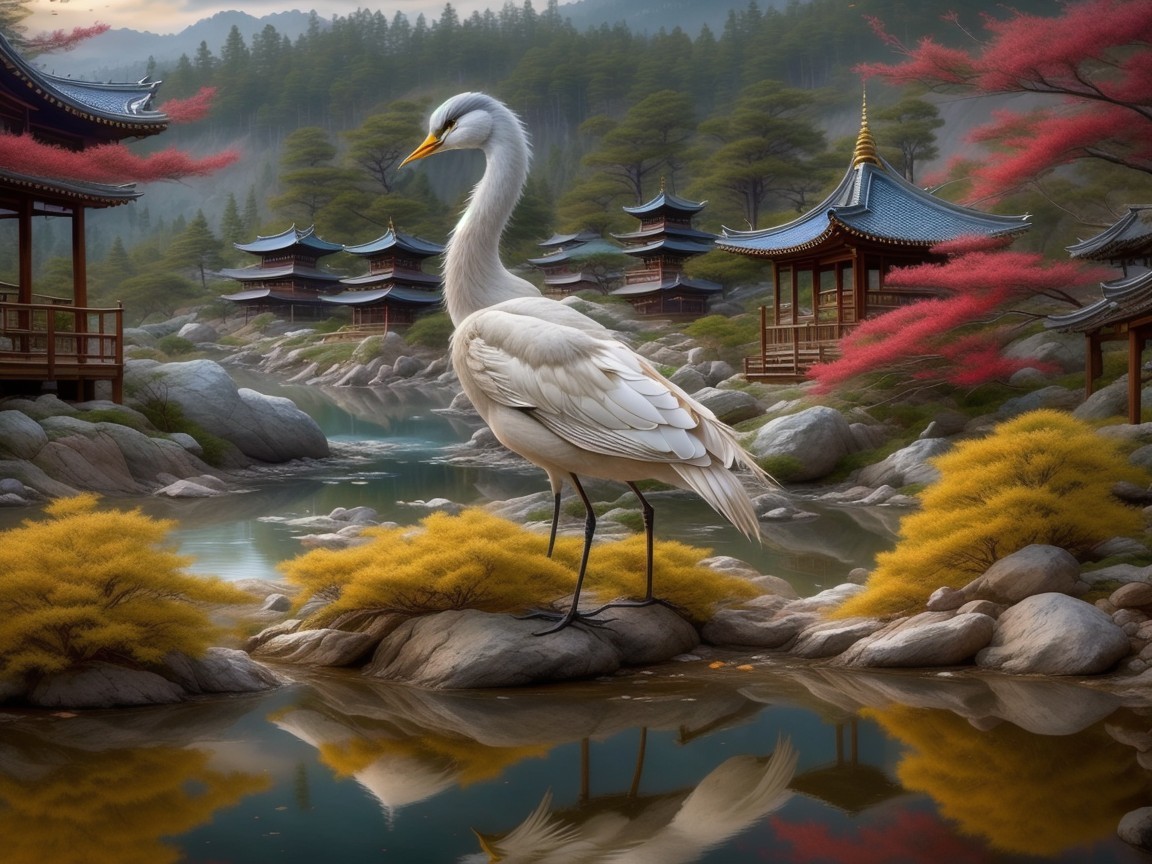 White Crane by Tranquil River with Autumn Foliage