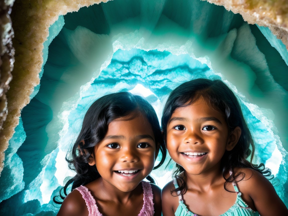 Young girls smiling in a vibrant geode cave setting