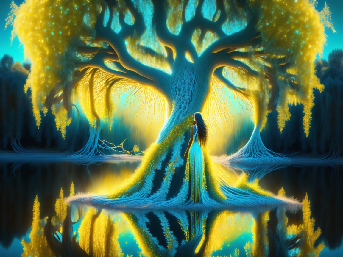 Luminous Tree in Mystical Landscape with Serene Water