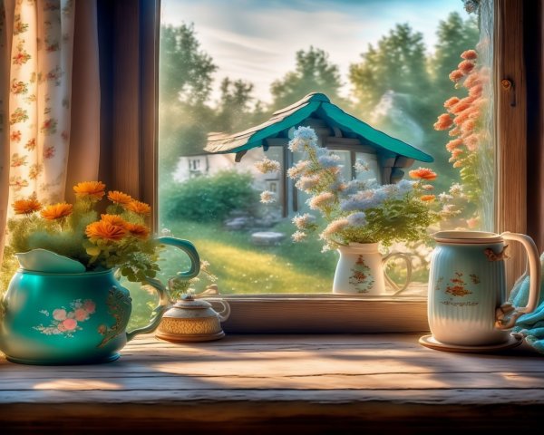 Cottage Window View of Vibrant Morning Garden Scene