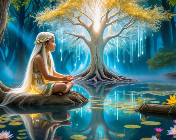Serene Meditation by a Tranquil Lake with Glowing Tree
