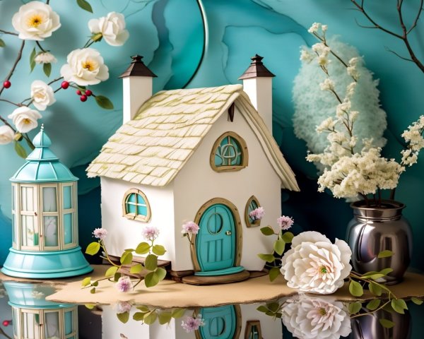 Miniature House Surrounded by Flowers and Teal Elements