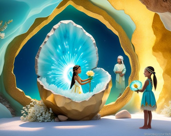 Young Girls Admiring a Glowing Clam Shell in Fantasy Scene