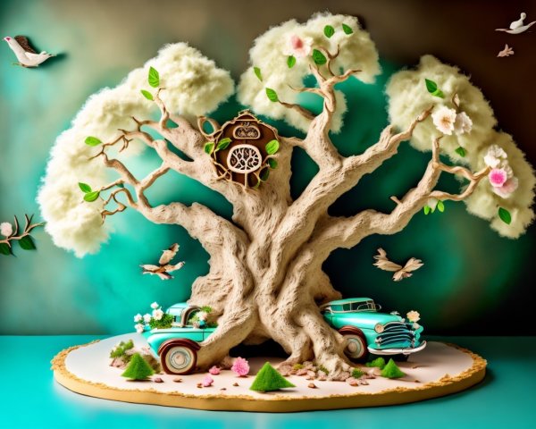 Whimsical Scene with Textured Tree and Vintage Cars