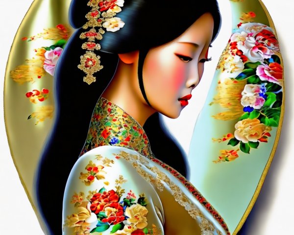 Serene Woman in Traditional Attire with Floral Patterns