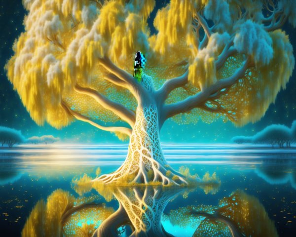 Ethereal tree with golden foliage and tranquil landscape