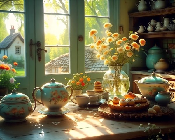Sunlit Kitchen with Rustic Table and Vibrant Flowers