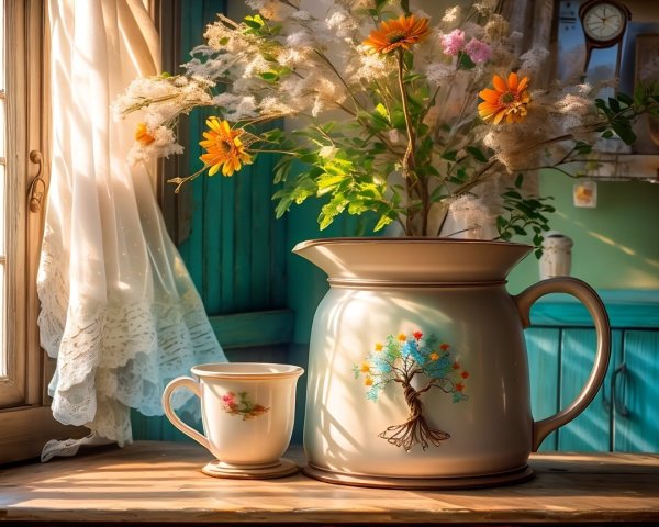 Ceramic Pitcher and Cup in a Sunlit Setting