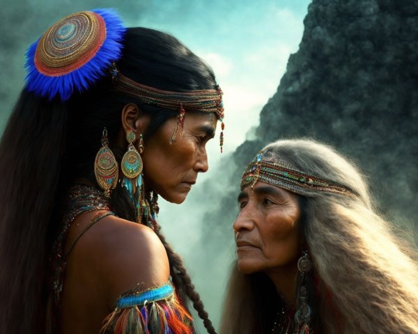 Indigenous Women in Traditional Attire and Landscape