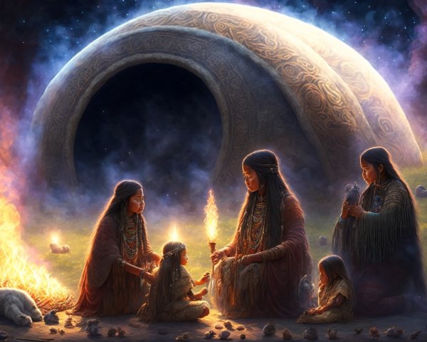 Indigenous Women and Children Gathered Around Fire