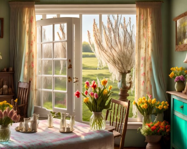 Cozy Sunlit Room with Vibrant Flowers and Rustic Decor