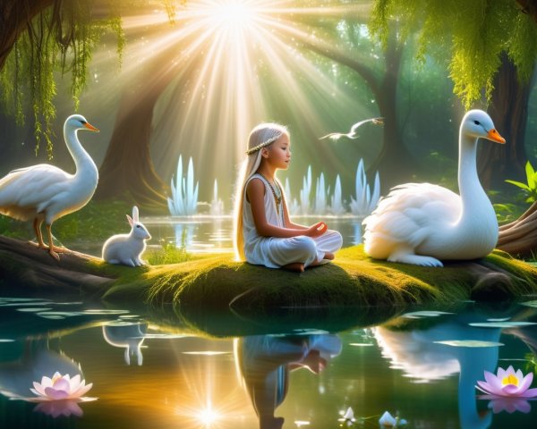 Serene Forest Scene with Girl and Nature Elements