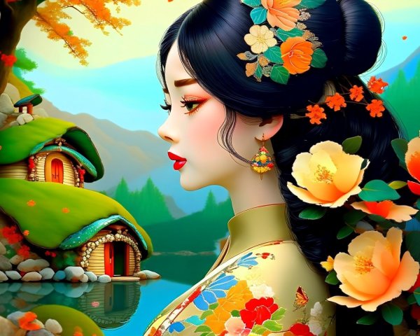 Serene Woman in Traditional Attire by Autumn Landscape