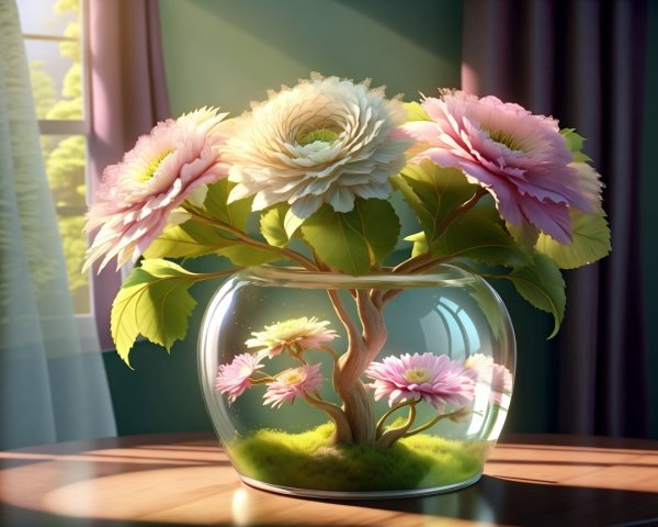 Vibrant Flower Arrangement in Glass Vase with Sunlight
