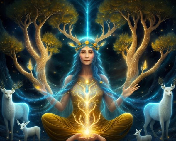 Mystical Woman with Blue Hair in Enchanted Forest