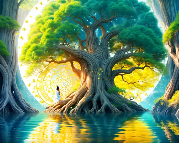 Ancient Tree by Serene Water with Vibrant Leaves