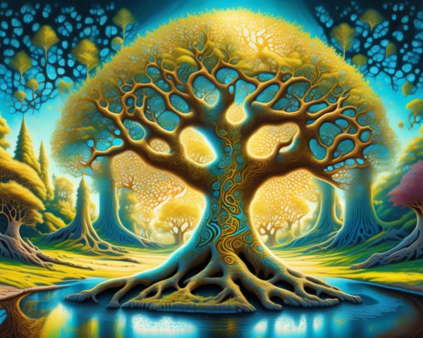 Intricate Tree Surrounded by Vibrant Landscape Elements