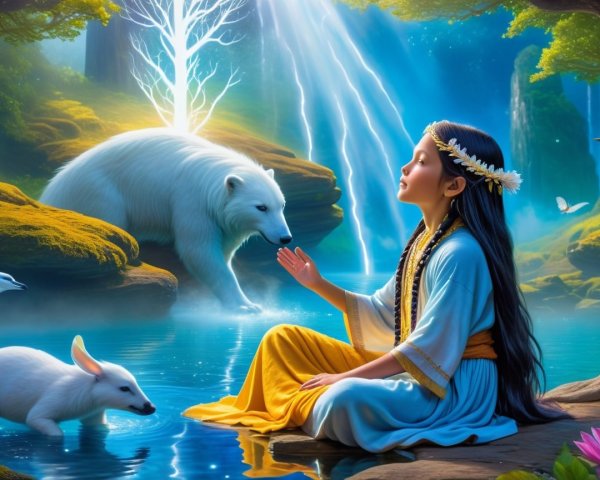 Young girl and polar bear in enchanted forest scene
