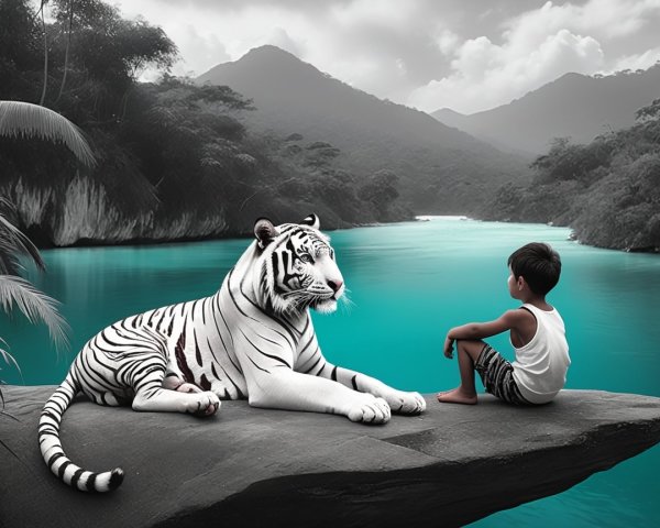 Serene Landscape with Boy and White Tiger by River