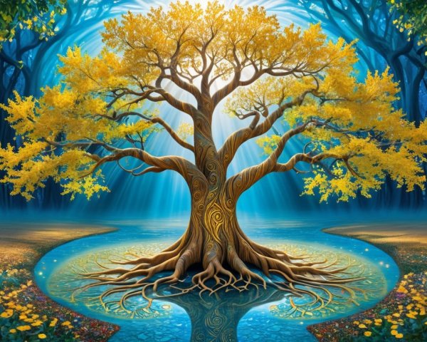 Majestic tree with yellow leaves by serene blue pool
