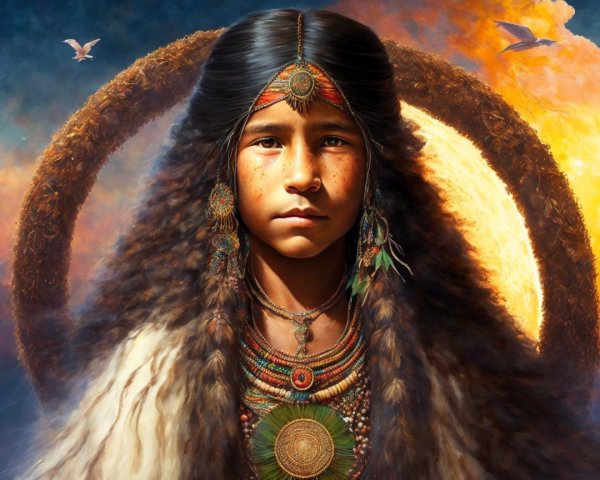 Indigenous Youth in Traditional Attire Against Radiant Sun