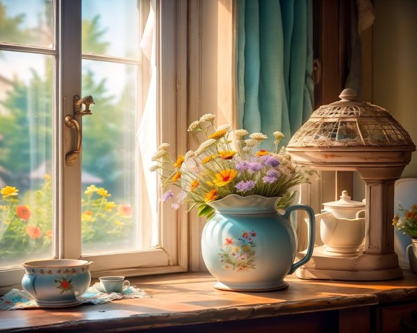 Sunny Kitchen with Floral Pitcher and Teacup Decor
