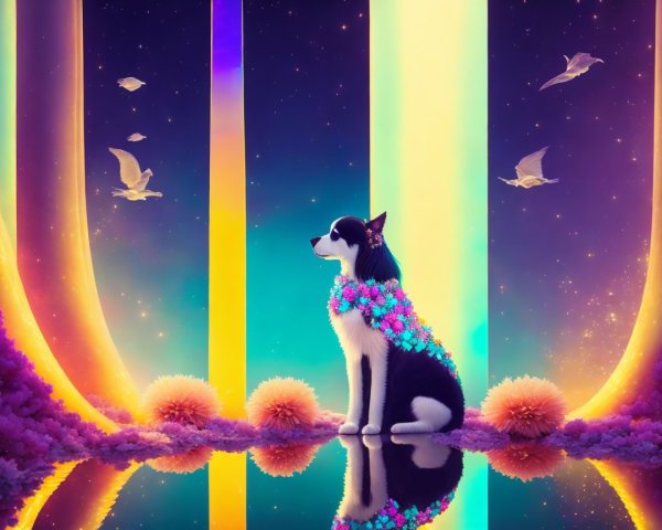 Majestic Dog in a Dreamlike Colorful Landscape