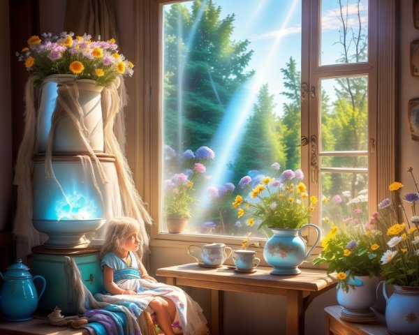 Sunlit Room with Young Girl and Vibrant Flowers