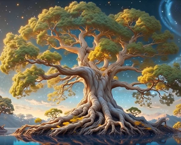 Majestic Tree in Serene Landscape with Starry Sky