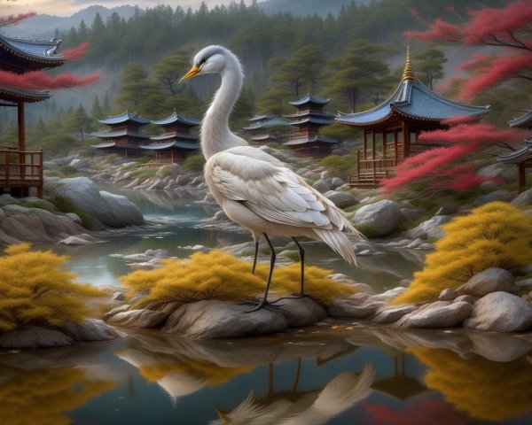 White Crane by Tranquil River with Autumn Foliage