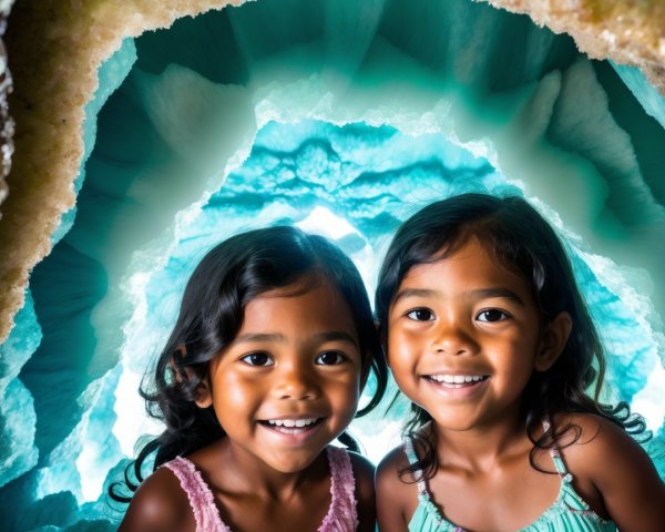 Young girls smiling in a vibrant geode cave setting