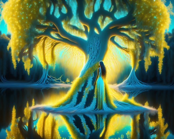 Luminous Tree in Mystical Landscape with Serene Water