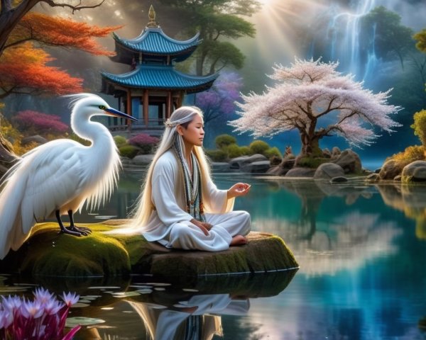 Tranquil Landscape with Meditative Figure and Egret