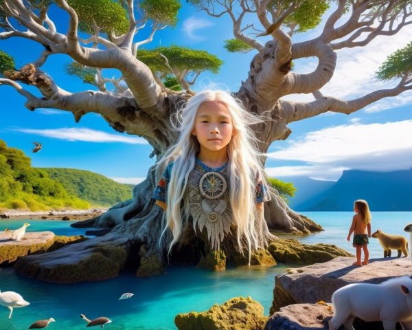 Majestic Tree by Turquoise Lagoon with Children and Animals