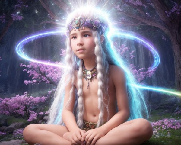 Child in a mystical forest with glowing hair and crown