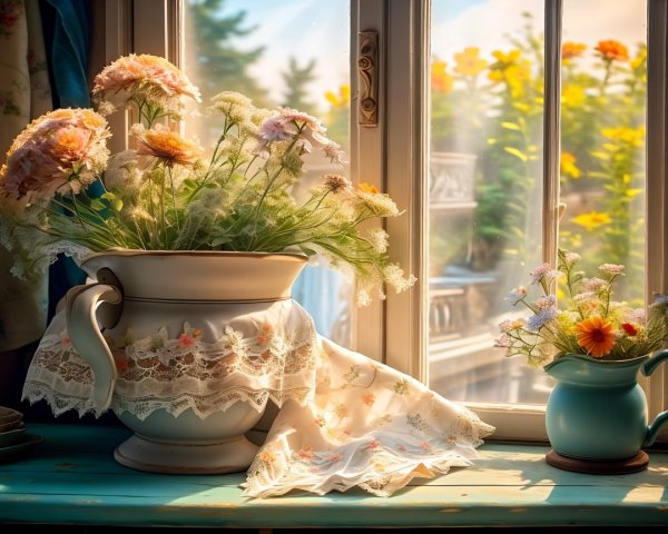 Sunlit Window with Vibrant Floral Arrangements