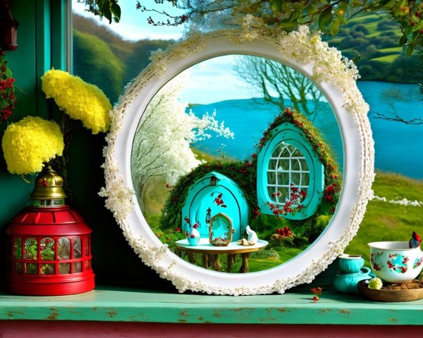 Whimsical Scene Reflected in Ornate Circular Mirror