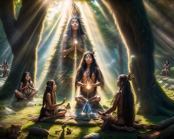 Women in a Circle Around a Glowing Blue Core in Forest