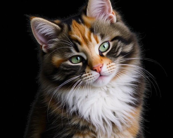 Tricolor Cat with Green Eyes on Black Background