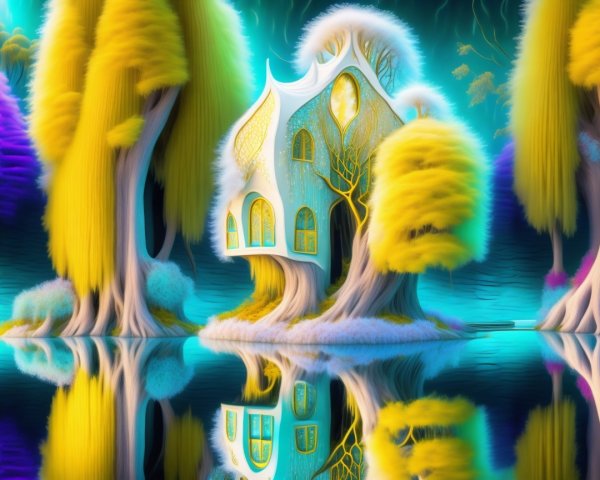 Whimsical House Surrounded by Oversized Trees and Water